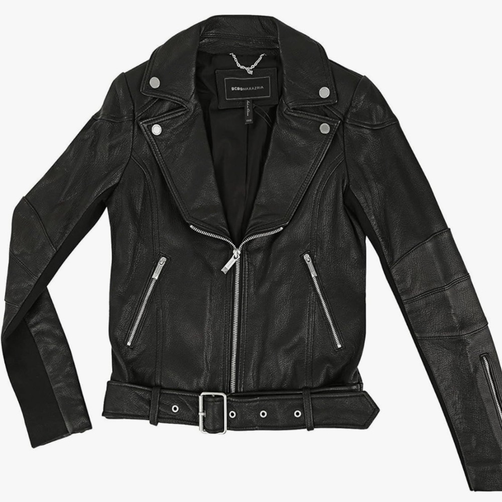 BCBGMaxAzria Miley Black Leather Belted Jacket